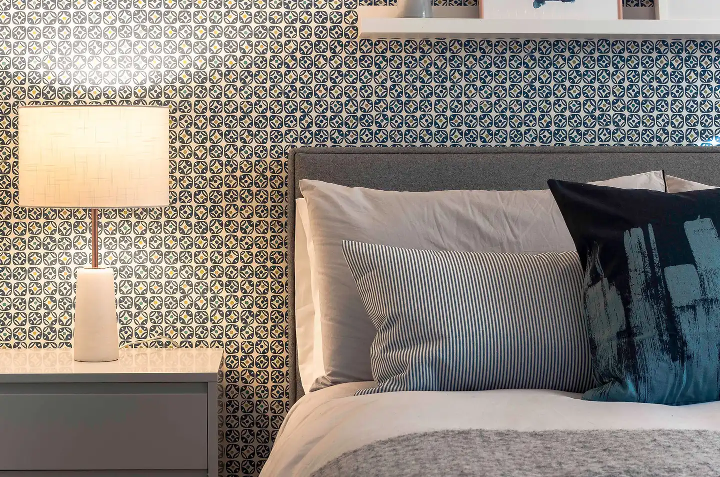 Staged living room with neutral tones and contemporary accessories